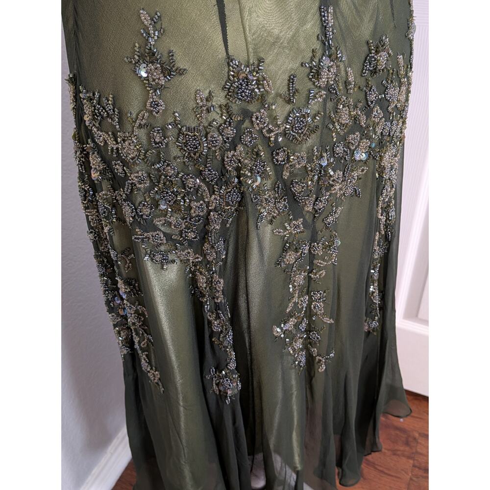 Vintage Silk Prom Dress Midi Gown L Green Y2K Fairy Floral Bead 90s Nymph Guest - Picture 5 of 11